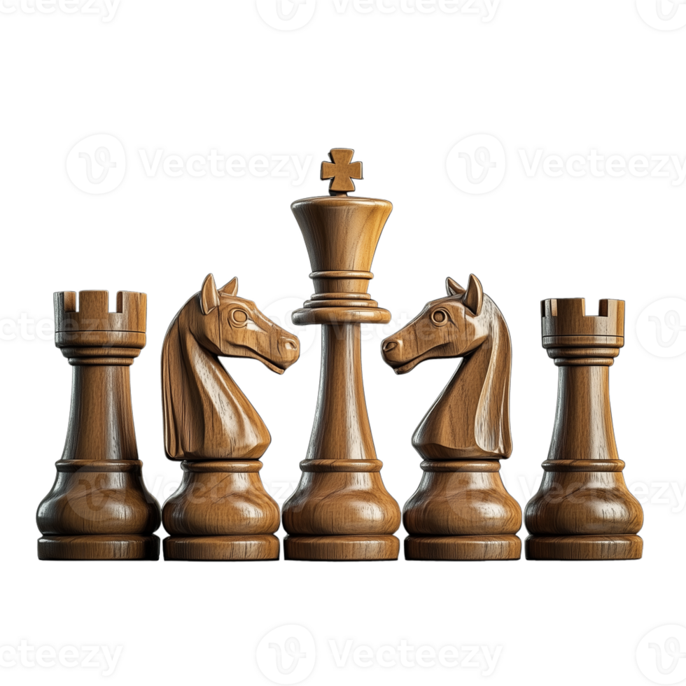 Wooden chess pieces lined up on a transparent background representing strategy and intellect png