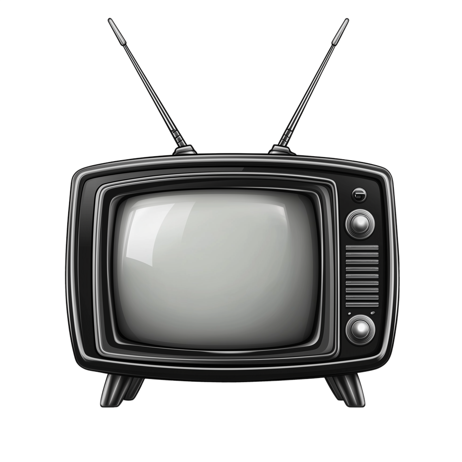Vintage blackandwhite TV set with antennas on transparent background