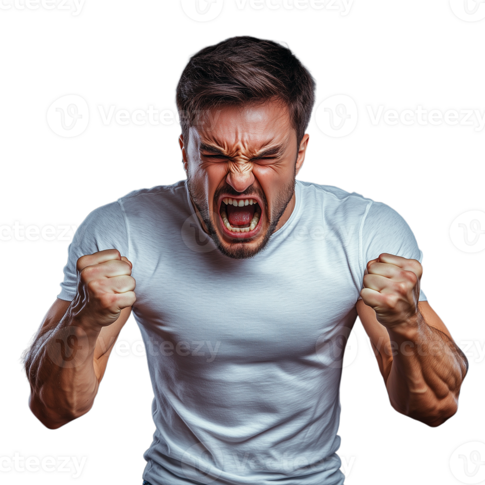 Angry man with fists clenched and eyes closed expressing frustration isolated on transparent background png