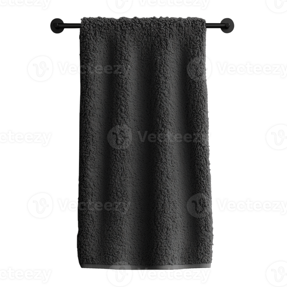 Black shower towel hanging on a rod isolated on a transparent background png