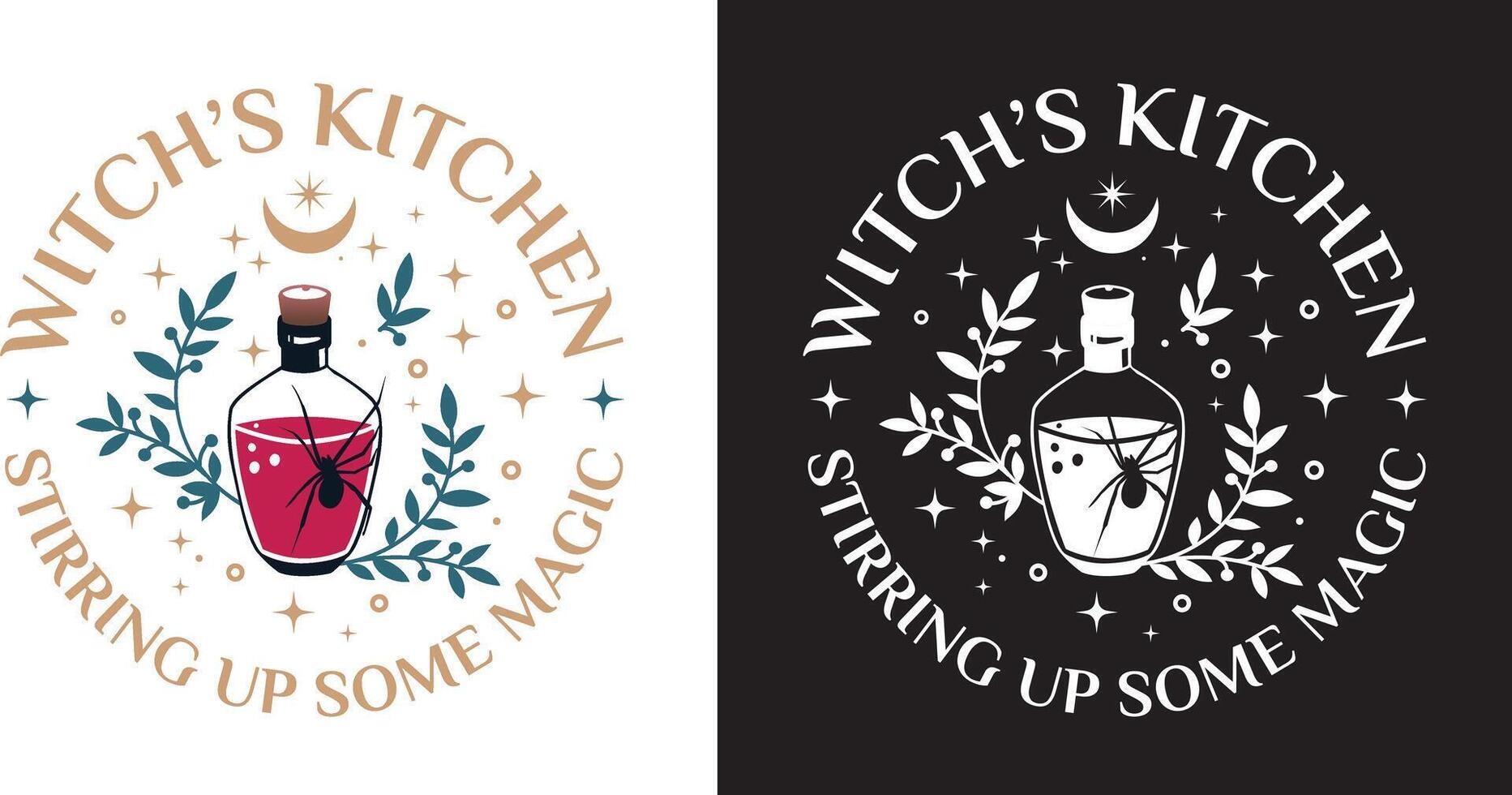 Witchs kitchen logo featuring potion bottle and magical elements vector