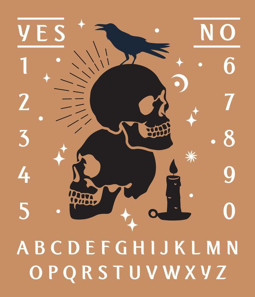 Ouija board, skull, candles, and crows with alphabet. Ghosts and demons calling the game on a gold background. vector