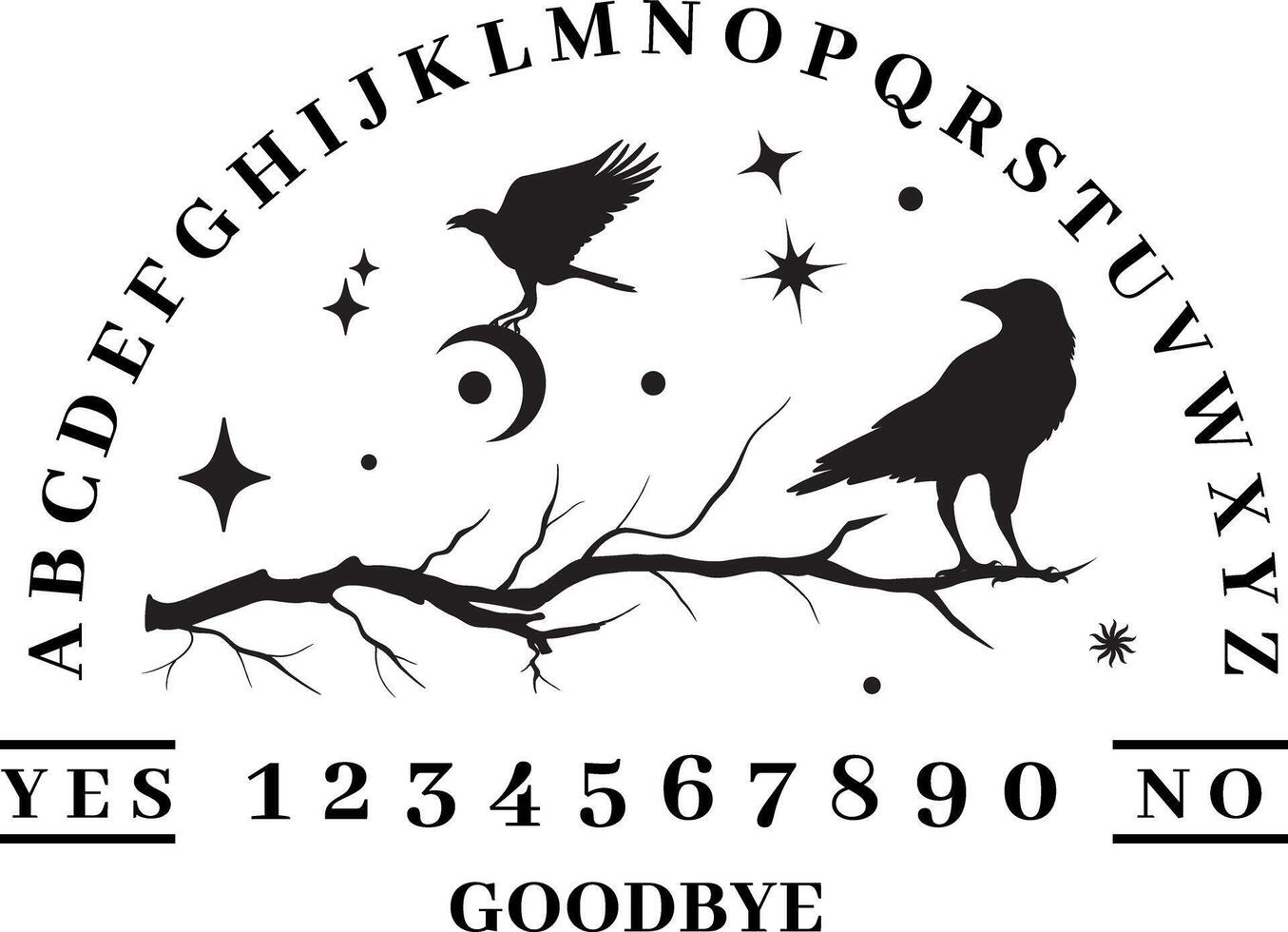 Ouija Board. Two crows surrounded by moon and stars, texts, and alphabet. Gothic typography. Ghosts and demons calling the game. vector
