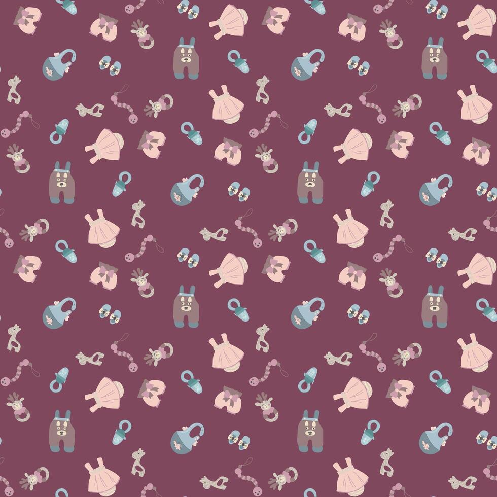 Children's Seamless pattern with clothes and toys. Design for fabric, textiles, wallpaper, packaging vector