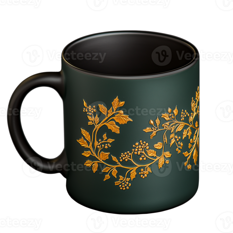 Dark green ceramic mug with gold floral design isolated on transparent background for a holiday theme png