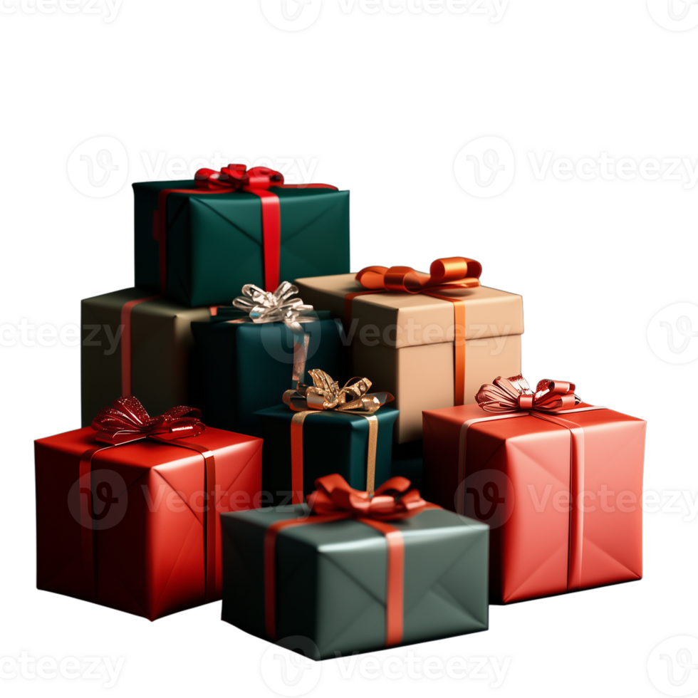 Stack of wrapped Christmas gifts with red and green ribbons isolated on transparent background png