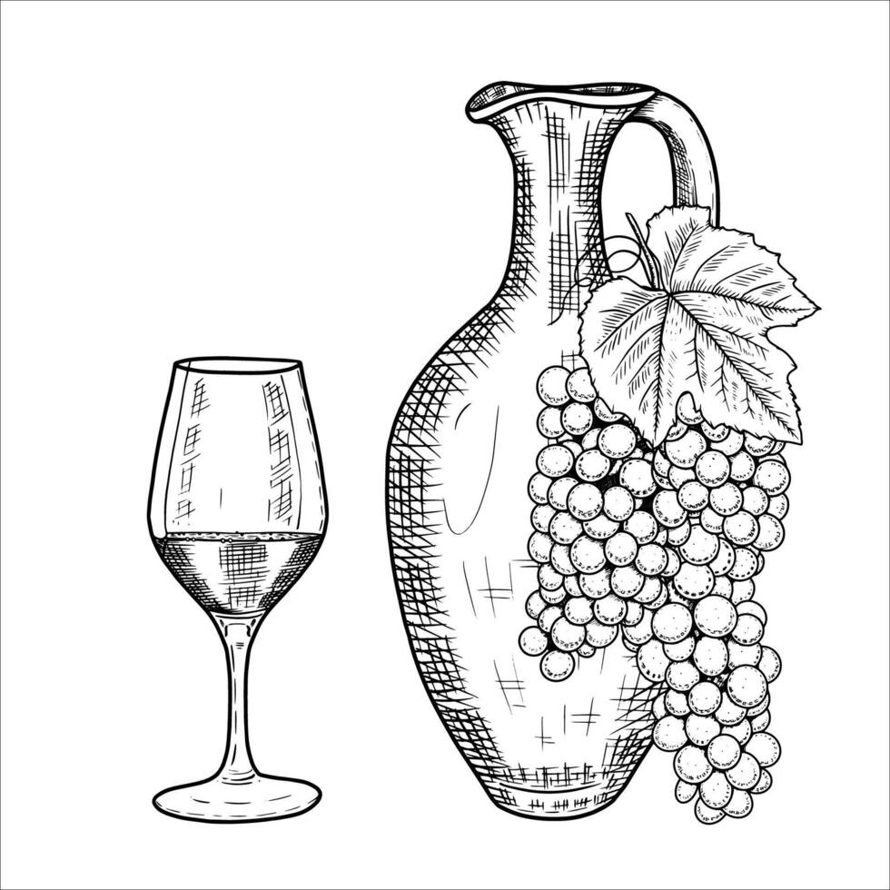 Hand drawn jug of wine, glass, grapes. illustration vector