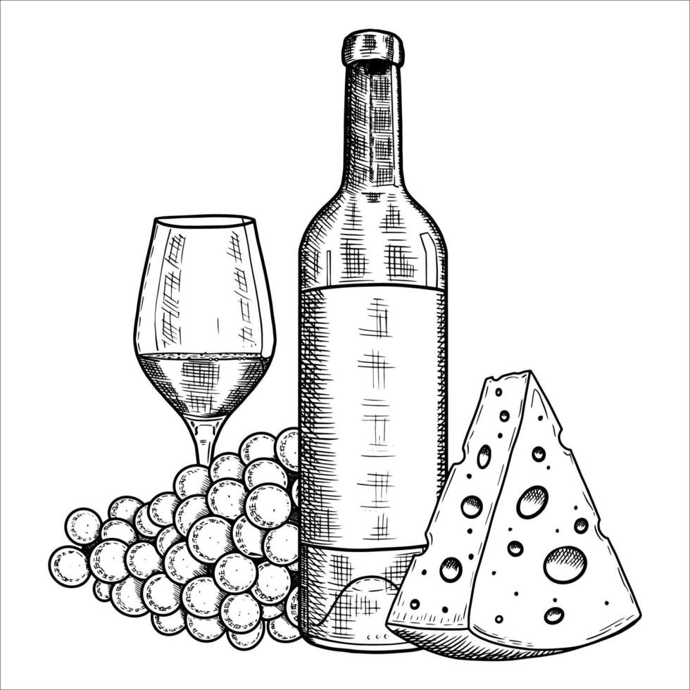 Hand drawn bottle of wine, glass, grapes, cheese. illustration vector
