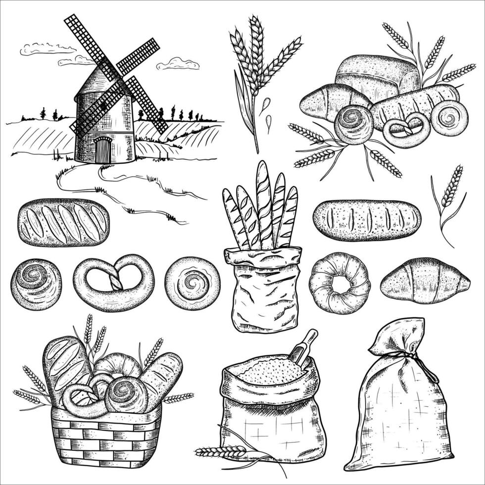 Set with mill, bakery, flour, wheat. Hand drawn illustration vector