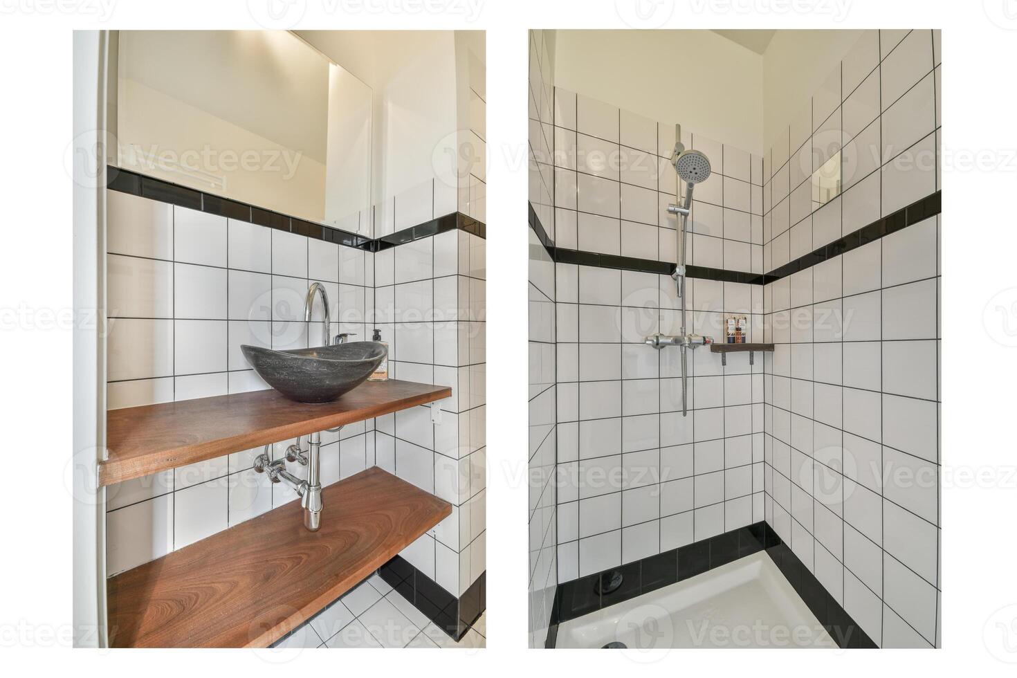 A bathroom with a sink, toilet and shower photo