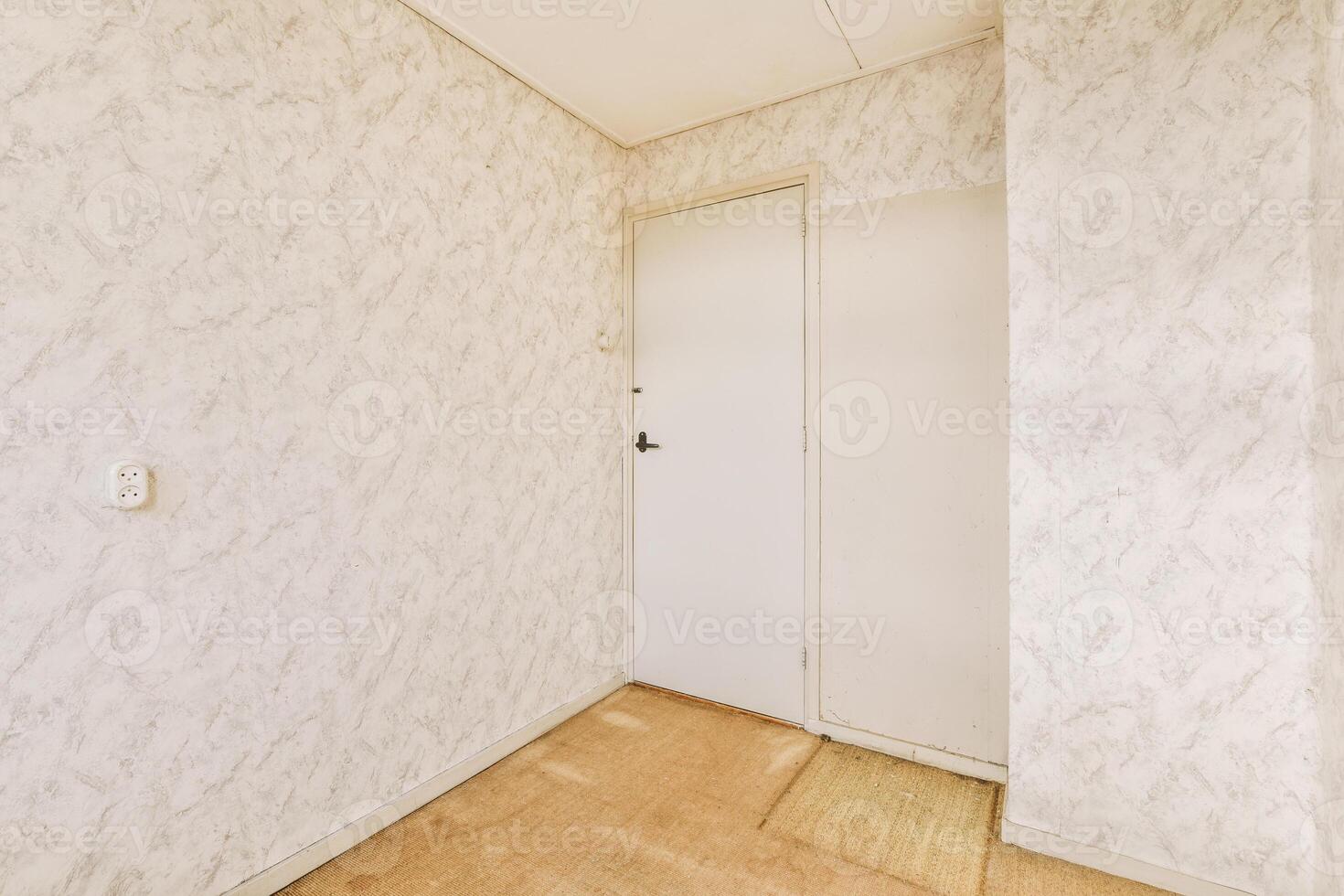 An empty room with a door and wallpaper photo