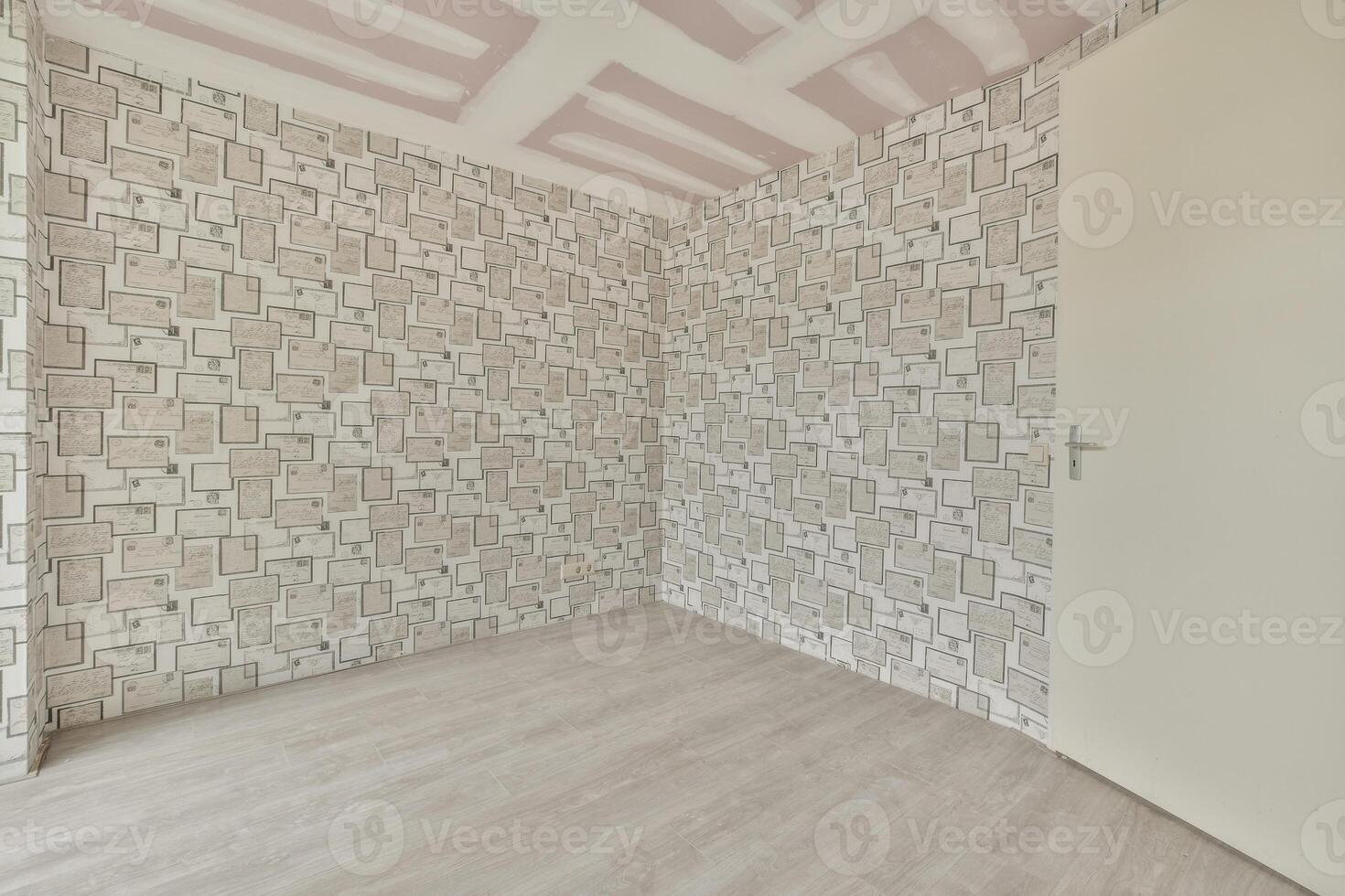 A room with a white door and a wall with a pattern photo