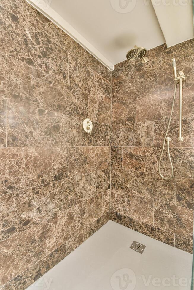 A bathroom with a shower and a walk in shower photo