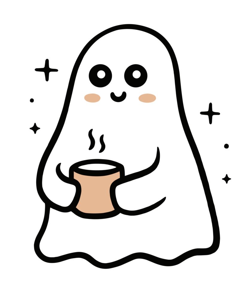 Cute ghost drinking coffee holding mug girly fall season aesthetic simple drawing black outline minimalist illustration funny halloween spooky sheet ghost sticker design transparent background png