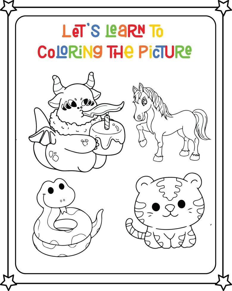 A coloring page with a picture of a cat, dog, and other animals vector