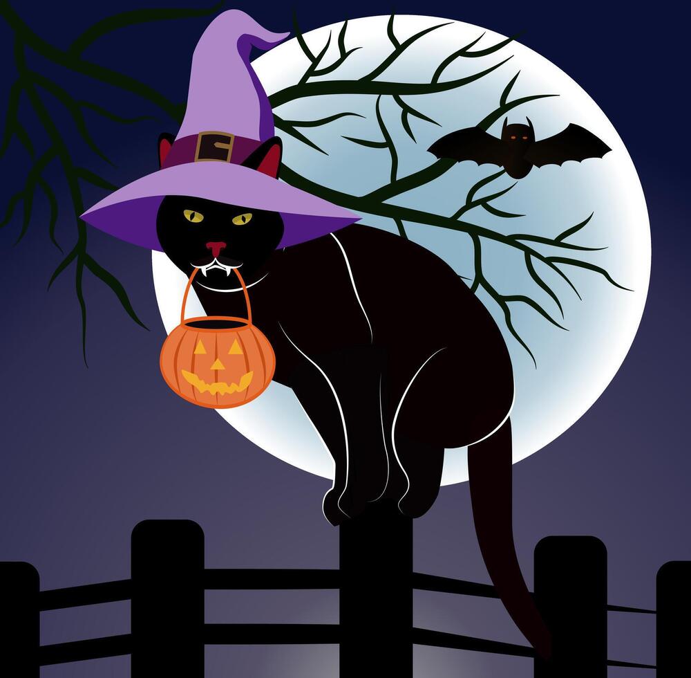 A black cat with a witch hat on top of a fence vector