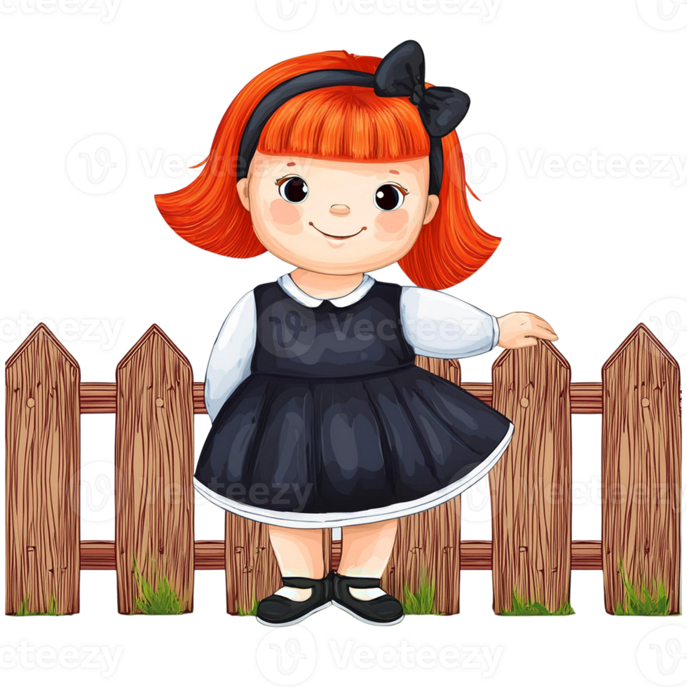 Little girl standing in front of fence. png