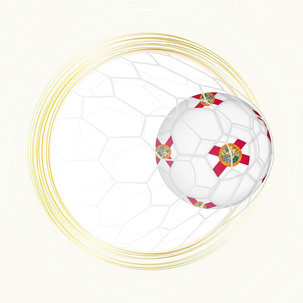Football emblem with football ball with flag of Florida in net, scoring goal for Florida. vector