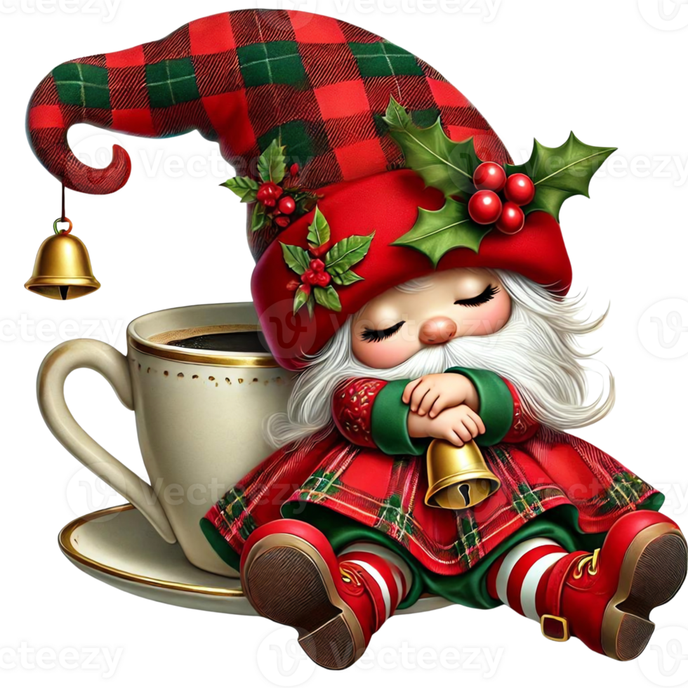 Cute Christmas gnome sleeping by a coffee cup, decorated in red and green plaid, festive holly, and a little bell. png