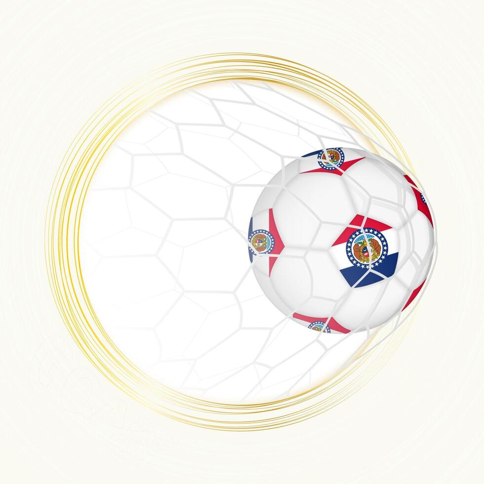 Football emblem with football ball with flag of Missouri in net, scoring goal for Missouri. vector
