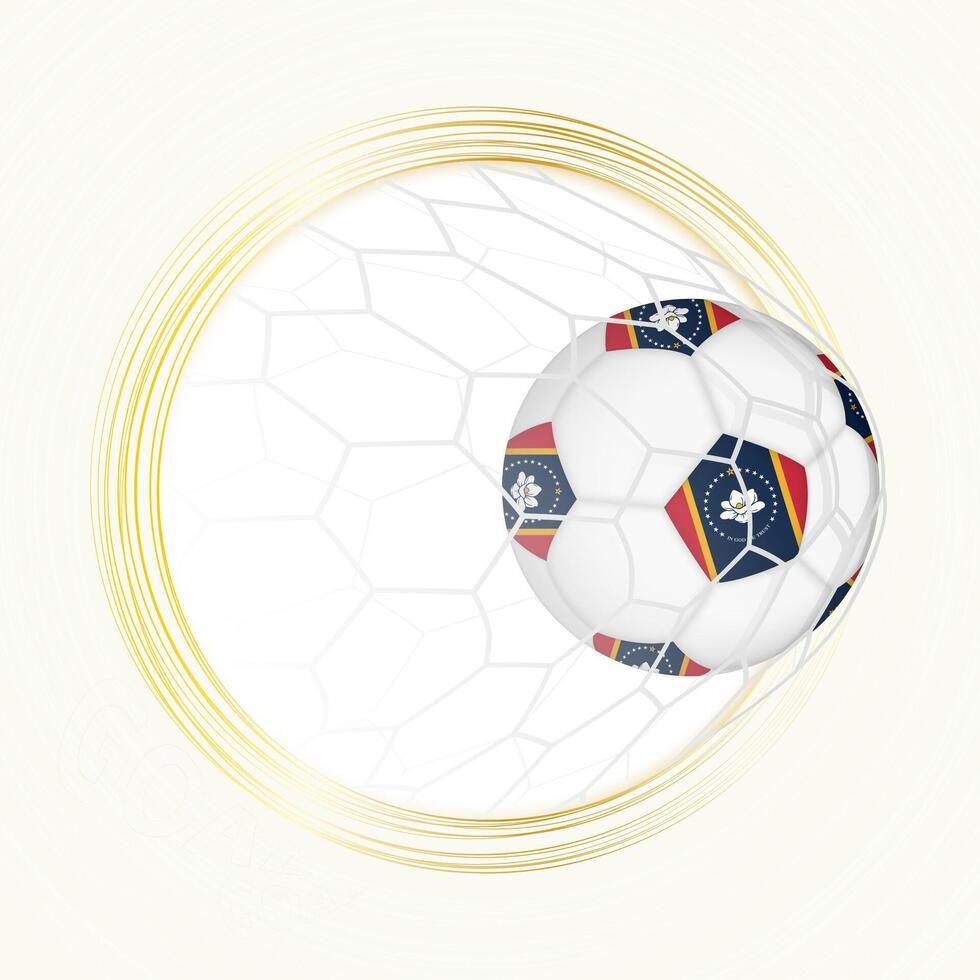 Football emblem with football ball with flag of Mississippi in net, scoring goal for Mississippi. vector