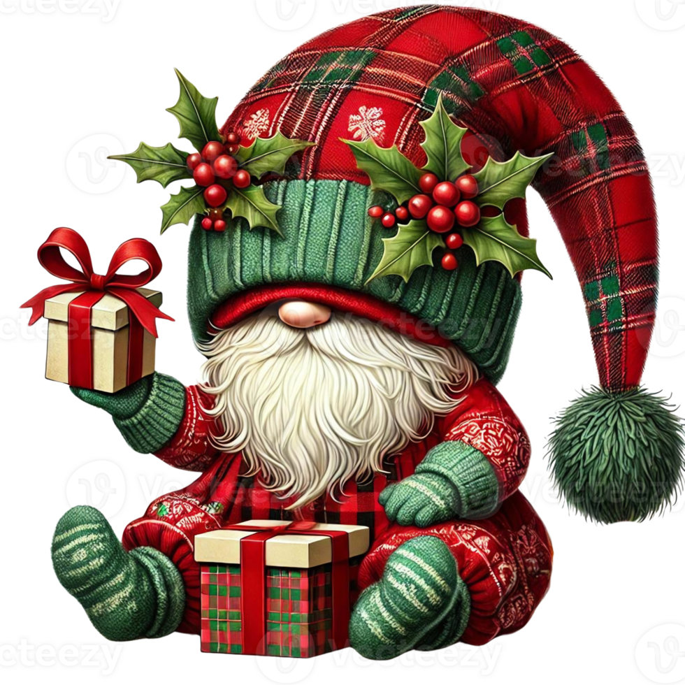 Cute Christmas gnome wearing plaid hat and holding gifts, decorated with holly, perfect for holiday celebrations. png