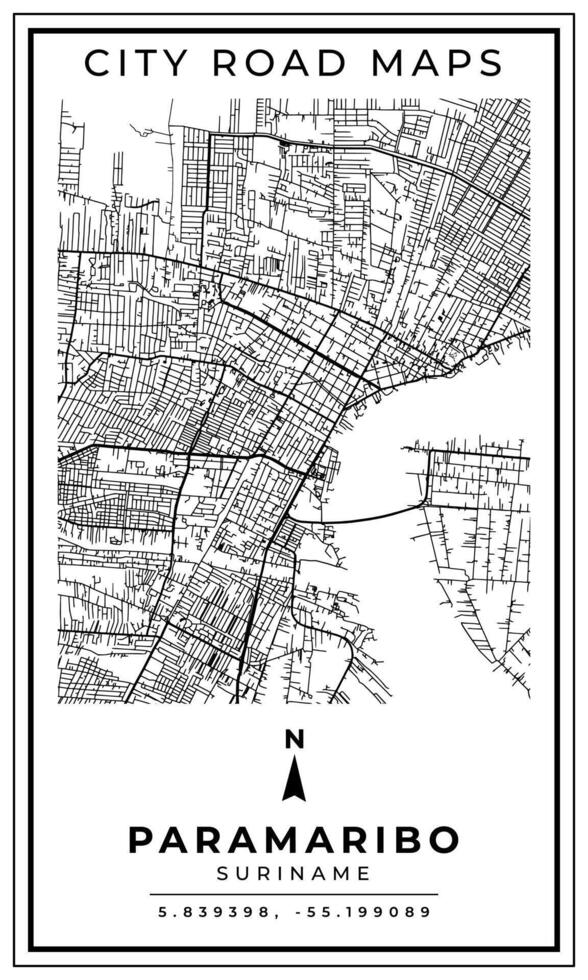 Monochrome Line Art Map of Paramaribo City of Suriname, Illustration and home decoration vector