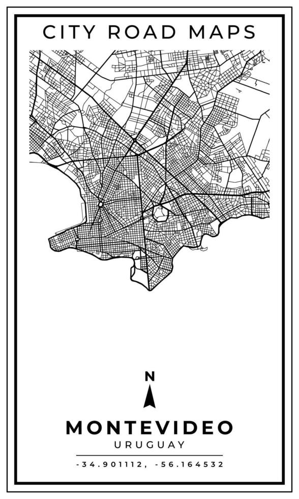 Monochrome Line Art Map of Montevideo City of Uruguay, Illustration and home decoration vector