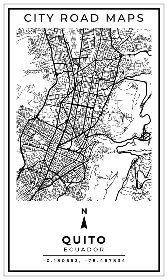 Monochrome Line Art Map of Quito City of Ecuador, Illustration and home decoration vector