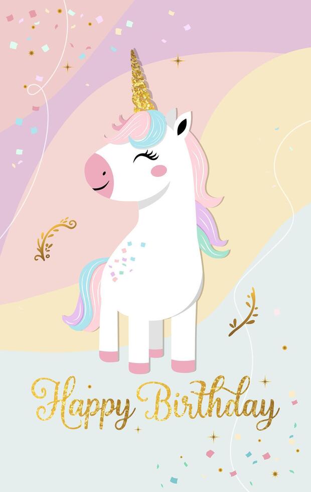 Happy birthday card with cute unicorn and golden lettering. Gentle unicorn Birthday template, card, invitation vector