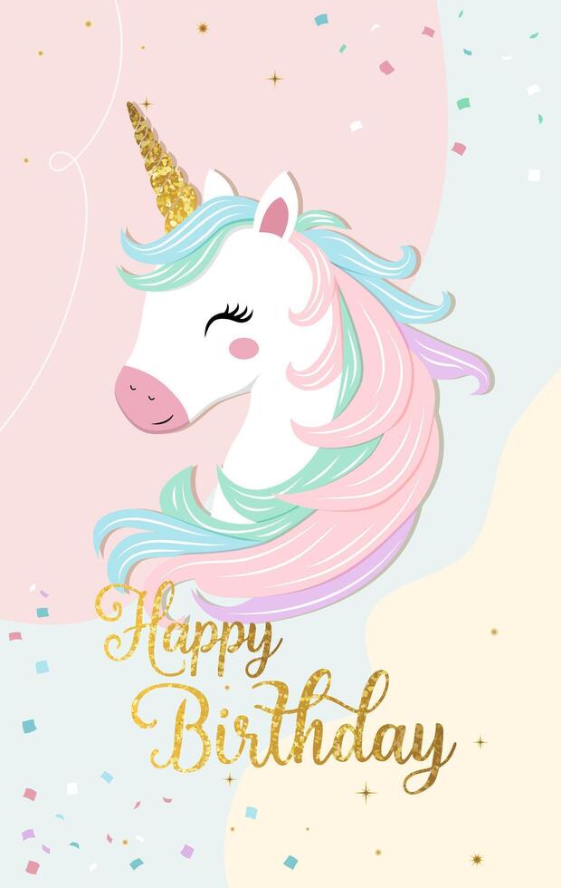 Happy birthday card with cute unicorn. Gentle unicorn Birthday template, greeting card, invitation vector
