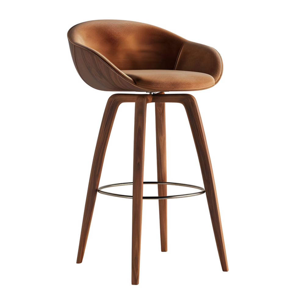 Bar Stool with Curved Wooden Backrest and Leather Seat Isolated on Transparent Background png