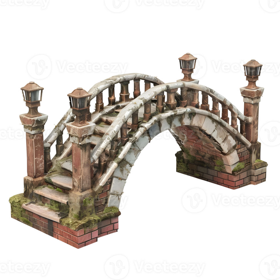 Wooden and Stone Garden Bridge with Arched Design Isolated on Transparent Background png