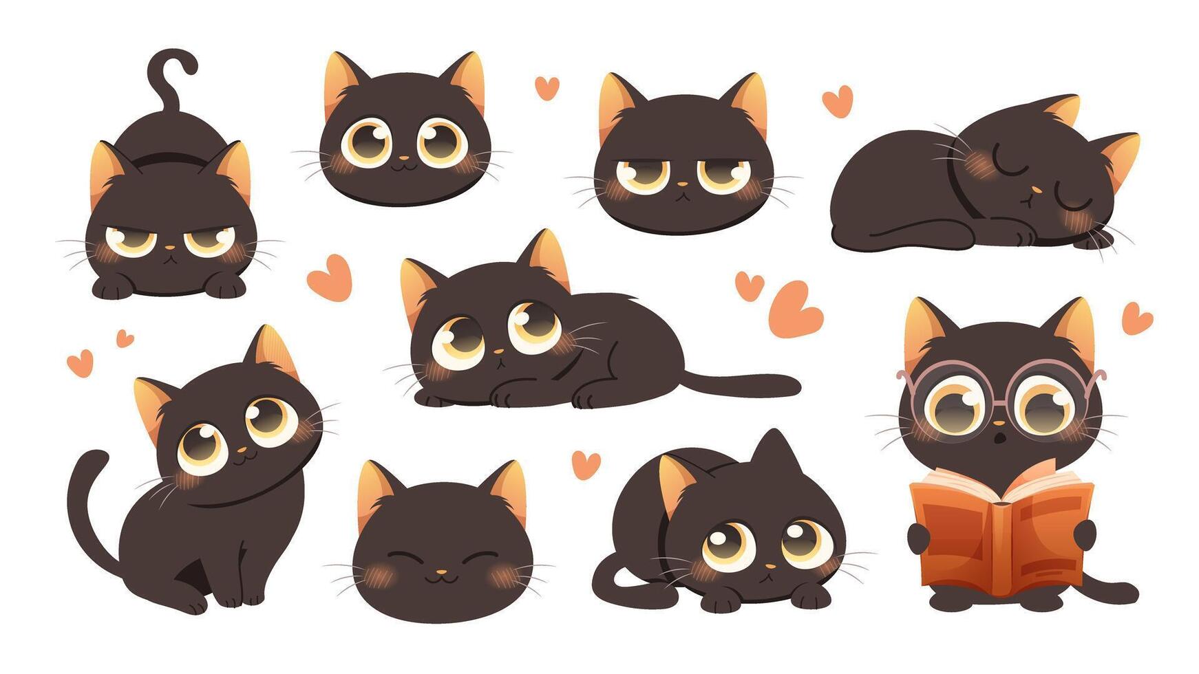 Black Cat Set. Funny drawn black cat with different poses and emotions. illustrations vector