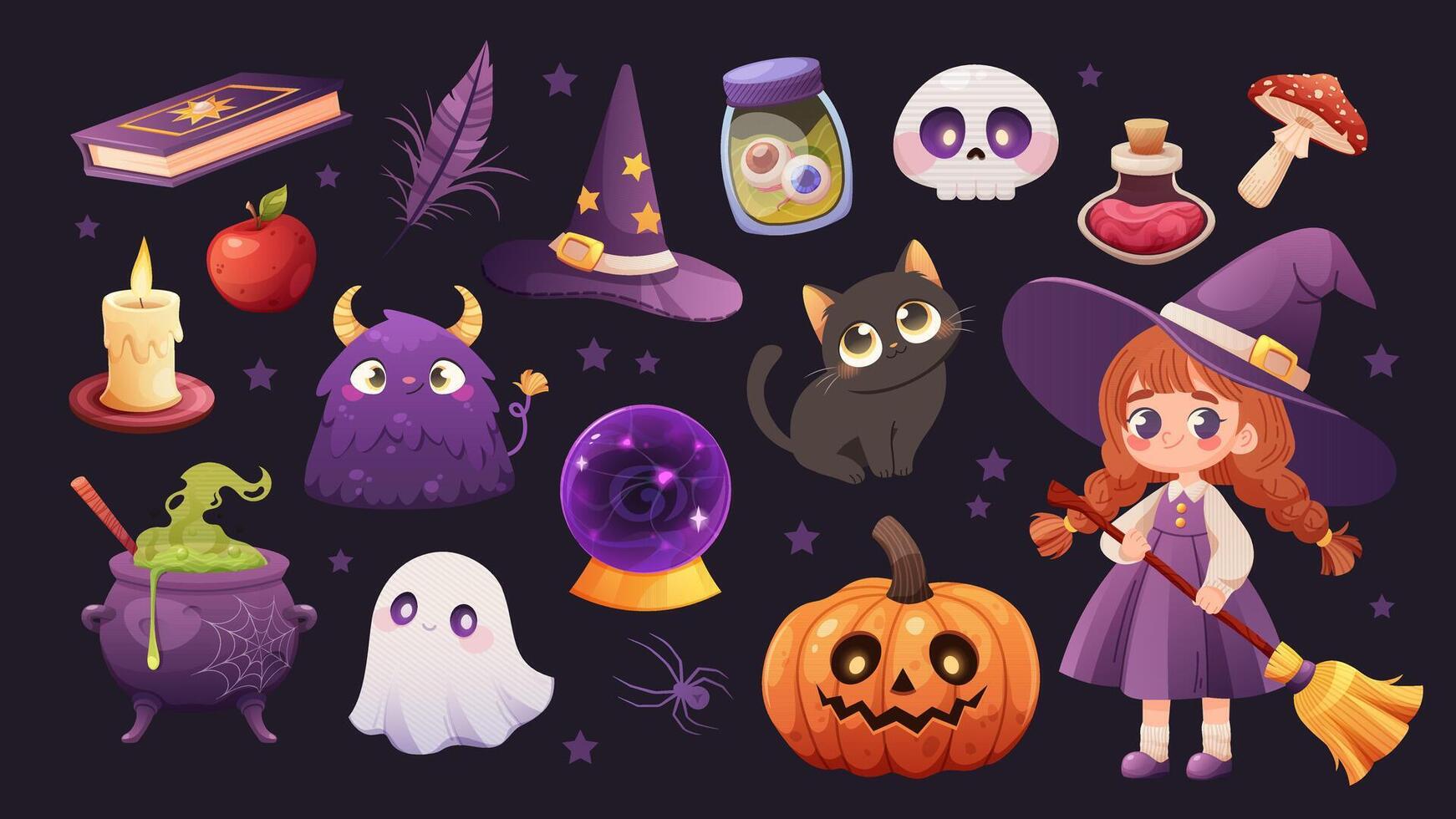 Halloween Set. Drawn festive set of elements. icons of skulls, witchcraft, ghosts, pumpkins vector