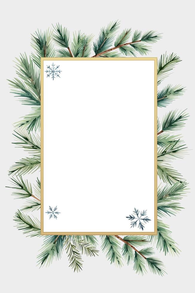 Christmas frame with watercolor fir branches, snowflakes and place for text. card. Winter New year poster vector