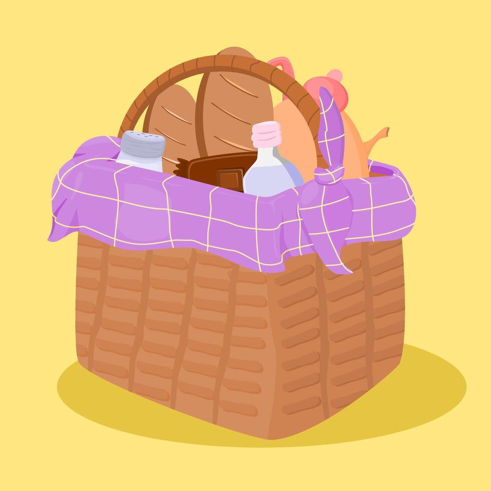 a basket with food and drinks in it vector