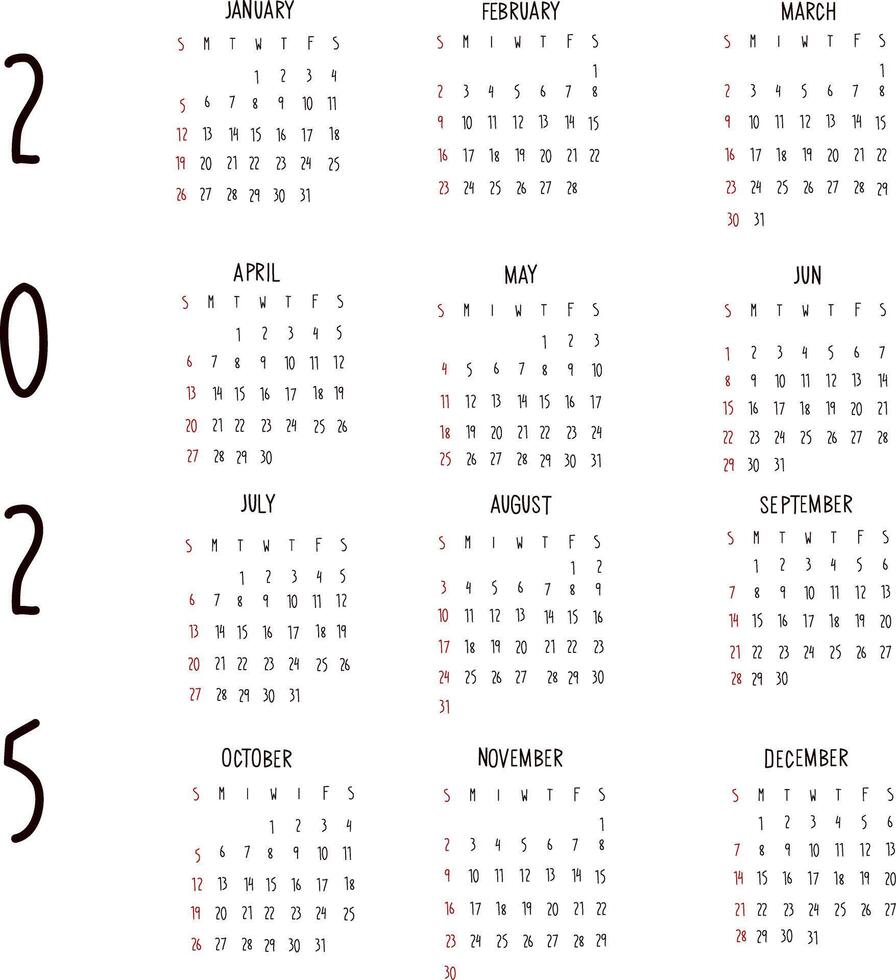 2025 hand drawn calendar. Modern calendar, monthly planner. hand drawn illustration. Modern simple design vector