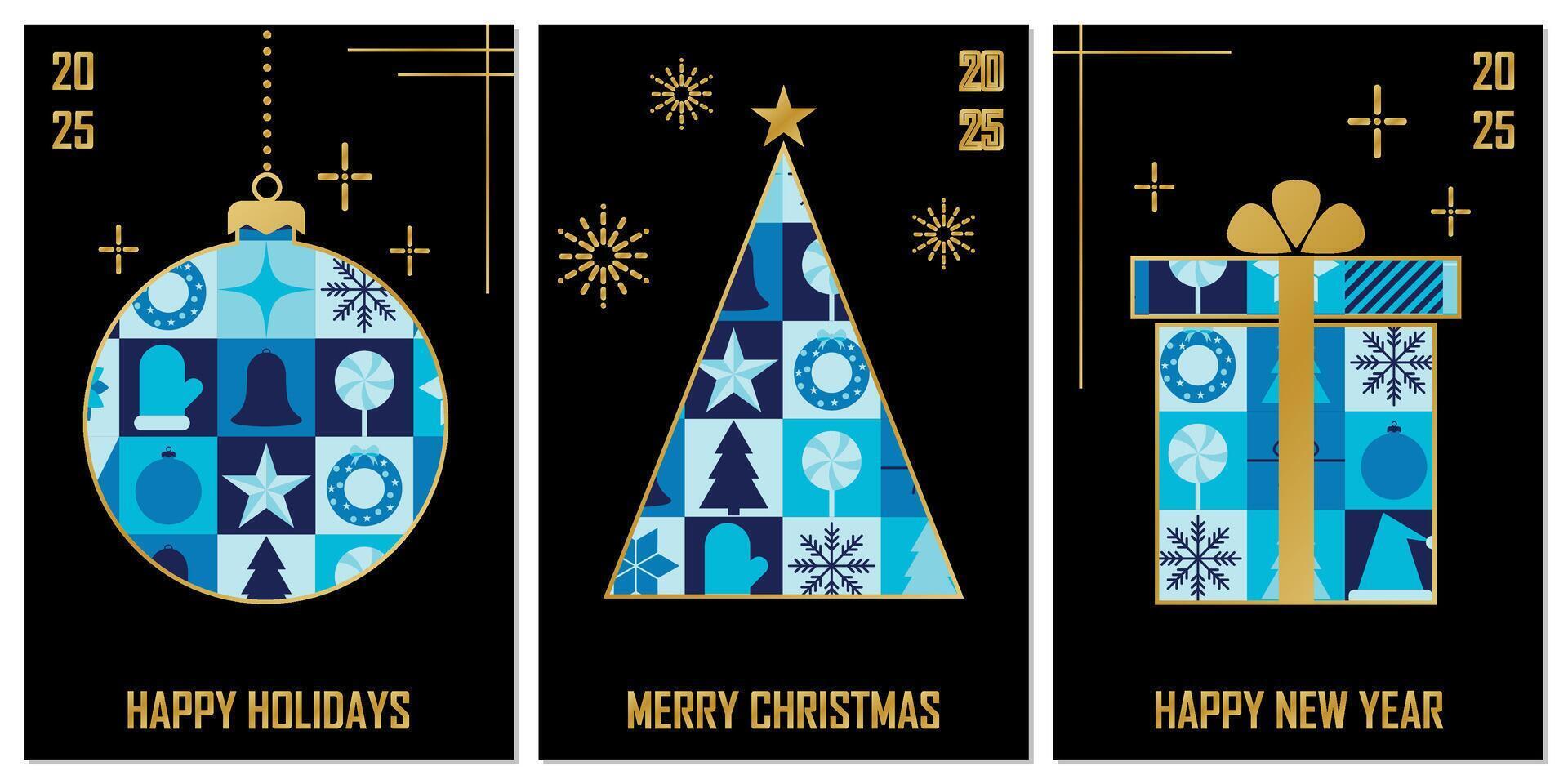 Set of Merry Christmas and New Year greeting card templates. Winter holiday posters with modern geometric pattern. illustration vector