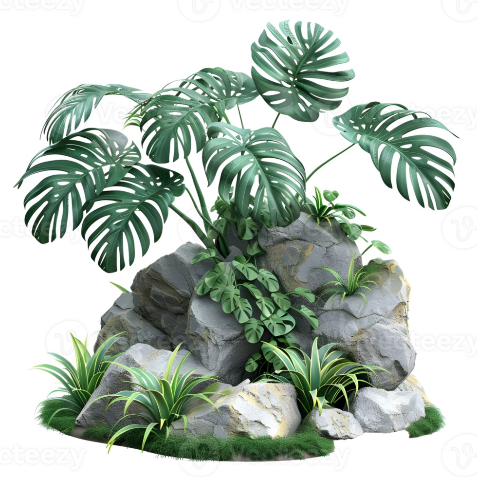 Green Monstera Plant with Rocks Isolated on Transparent Background png