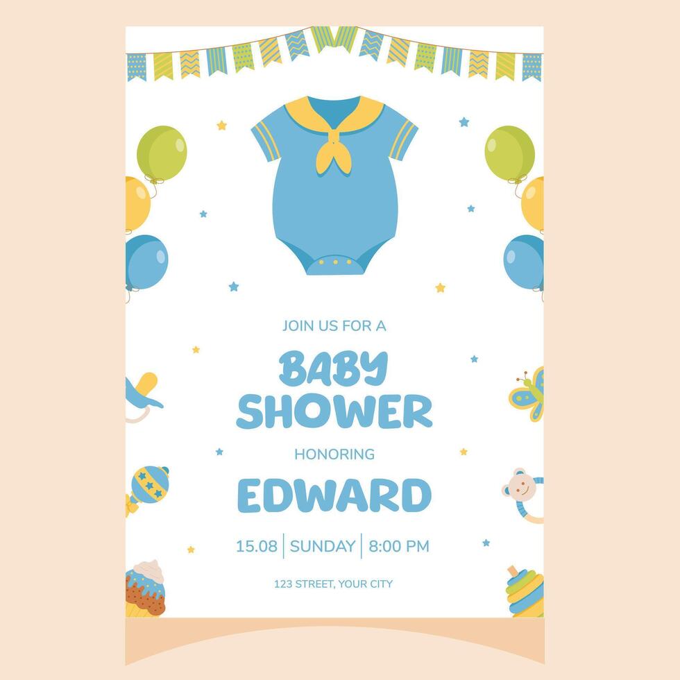 Baby shower party invitation. It's a boy. Invitation with baby overalls. Template for party invitation, poster, greeting card. vector