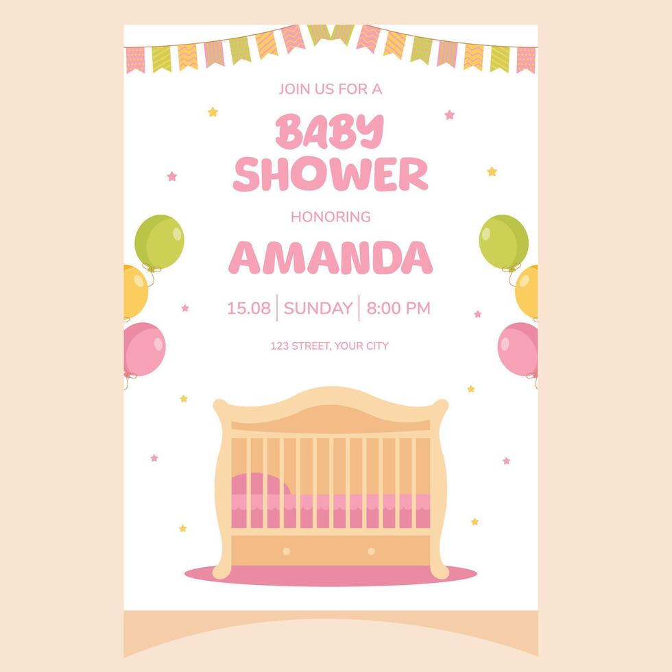 Baby shower party invitation. It's a girl. Invitation with children's bed. Template for party invitation, poster, greeting card. vector