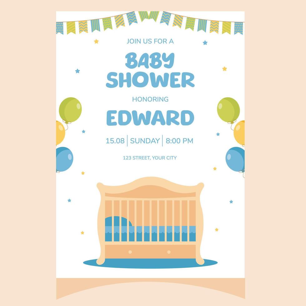 Baby shower party invitation. It's a boy. Invitation with children's bed. Template for party invitation, poster, greeting card. vector