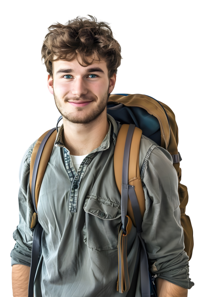 Young handsome student smiling with bag pack isolated on transparent background png