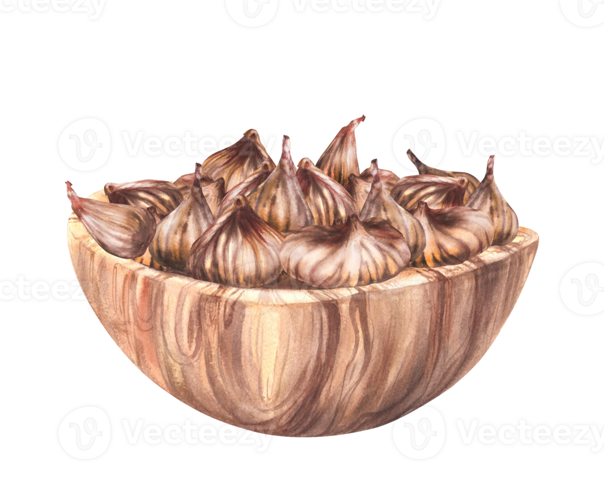 Watercolor Dried figs in wooden bowl. Dry fruit harvest. Handful vegan snacks. Vegetarian Food. Plant food for card, label, sticker, price tag Hand drawn illustration. Clipart Isolated from background png