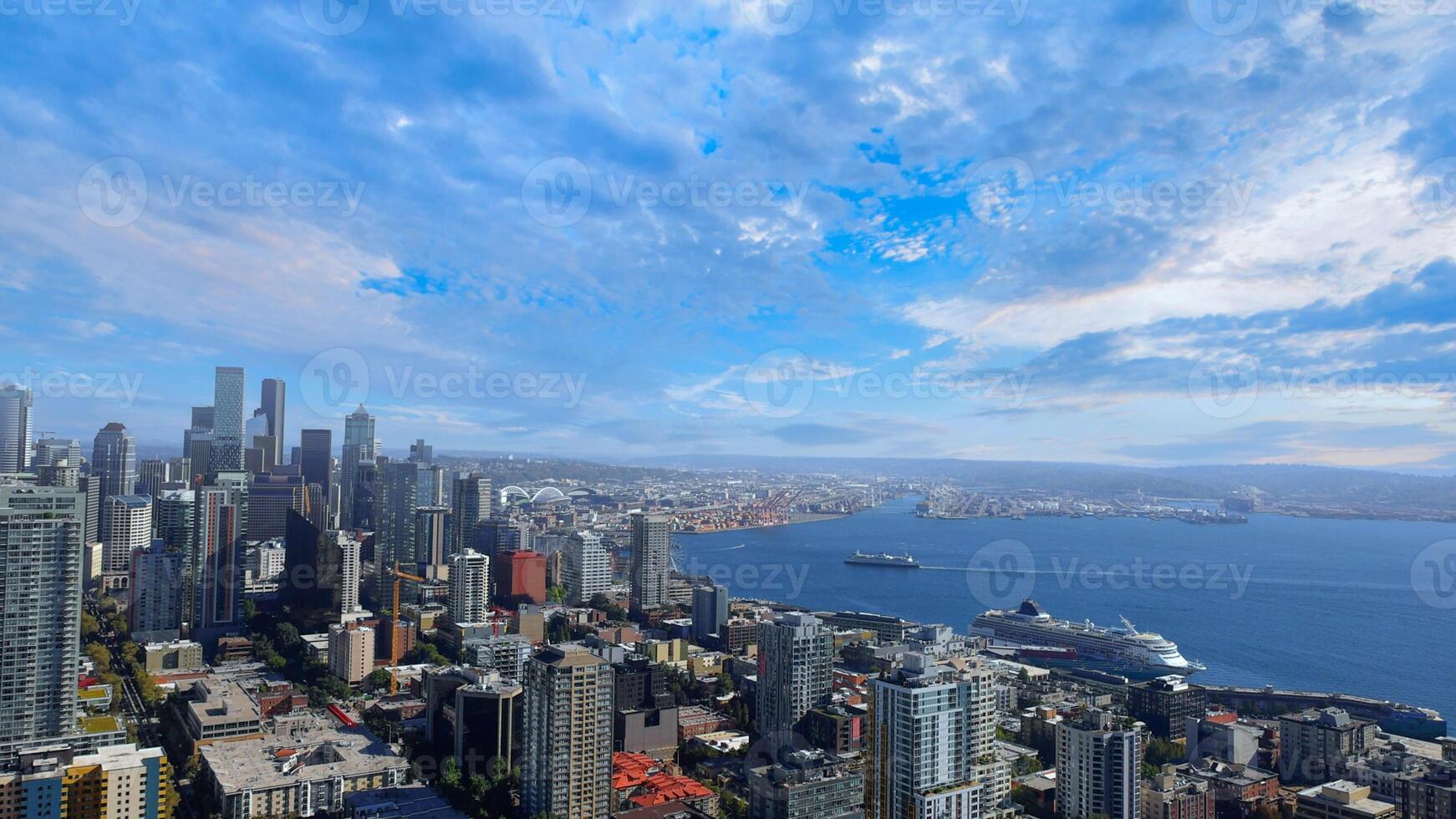 Panoramic view of Seattle Bell Harbor Marina and Seattle financial downtown skyline panorama photo