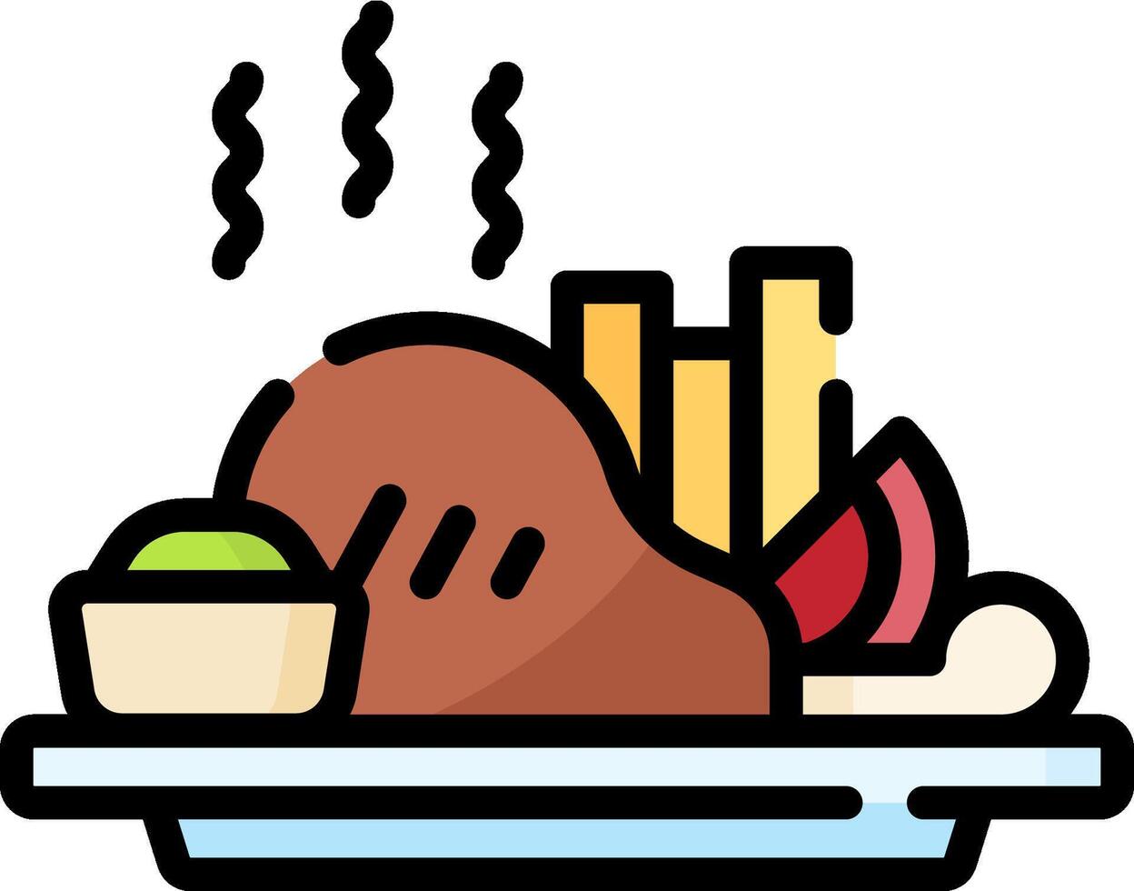 A plate with a turkey, fries and other food vector