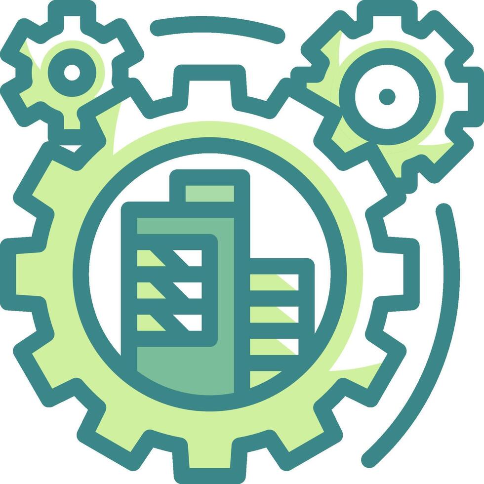 A green and white icon of a city and gears vector