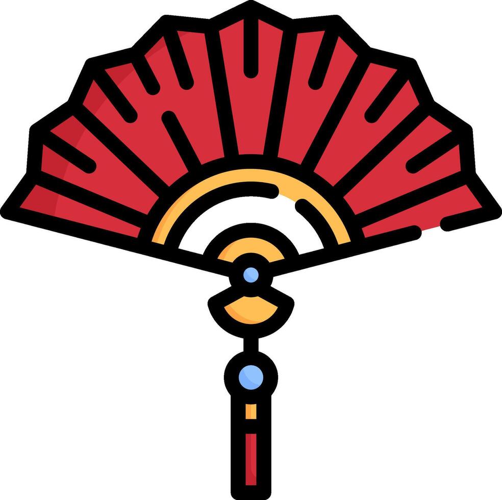 A red and black fan with a gold and blue design vector