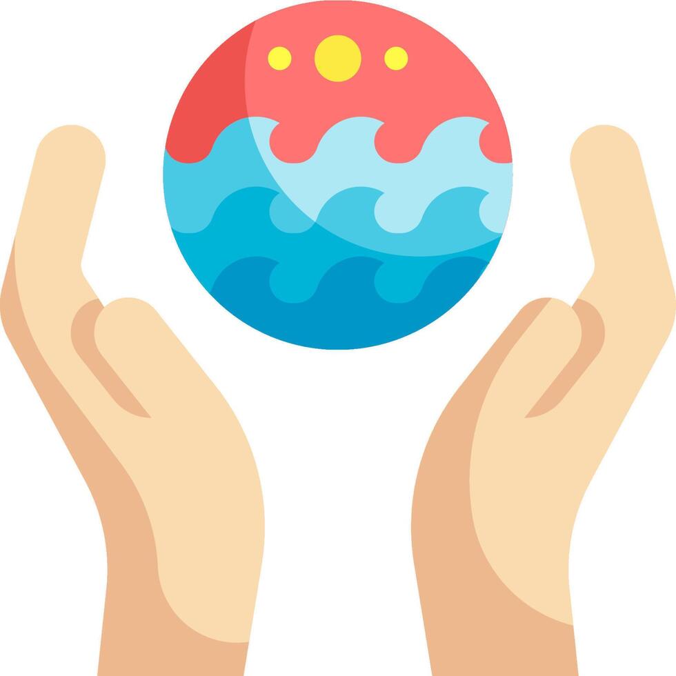 Two hands holding a globe with waves and a blue sky vector